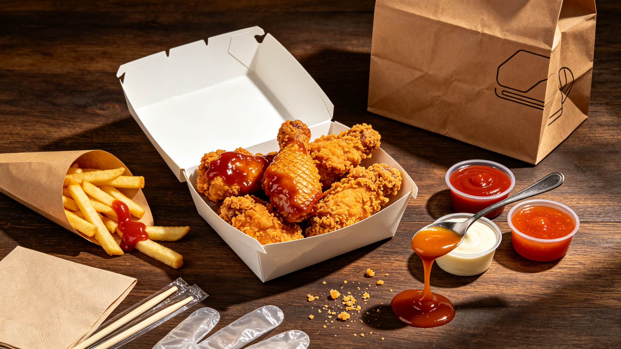 Sauce, fried food and takeout packaging scenarios